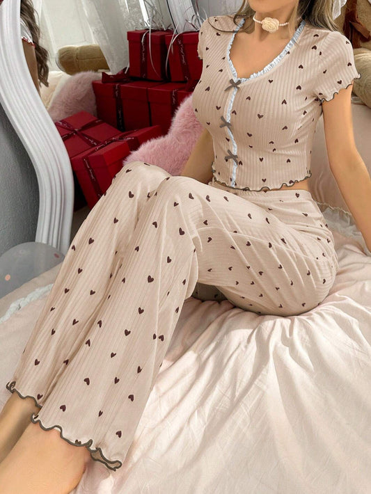 Heart Printed Short Sleeve Long Pants Two-piece Homewear Pajamas